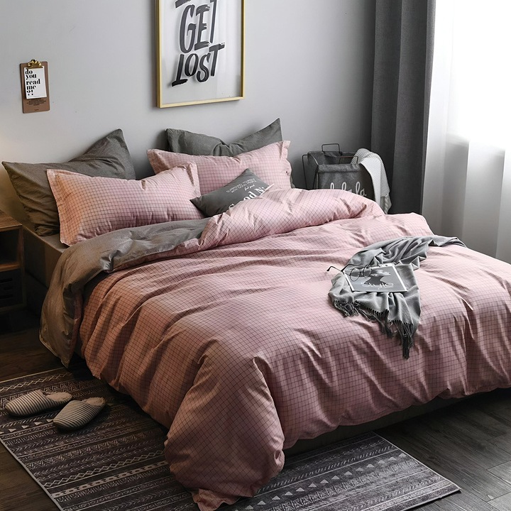 EmonaMall S17473 ágyneműgarnitúra, 4 részes, kétoldalas, sötétrózsaszín/sötétszürke