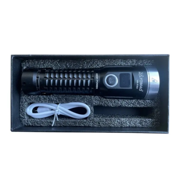 Фенер със зелен лазер и дисплей YEMAO YM-F701, USB зареждане, USB изход (PowerBank), 7 LED диода, 14, 5 х 3, 9 сантиметра, Черен