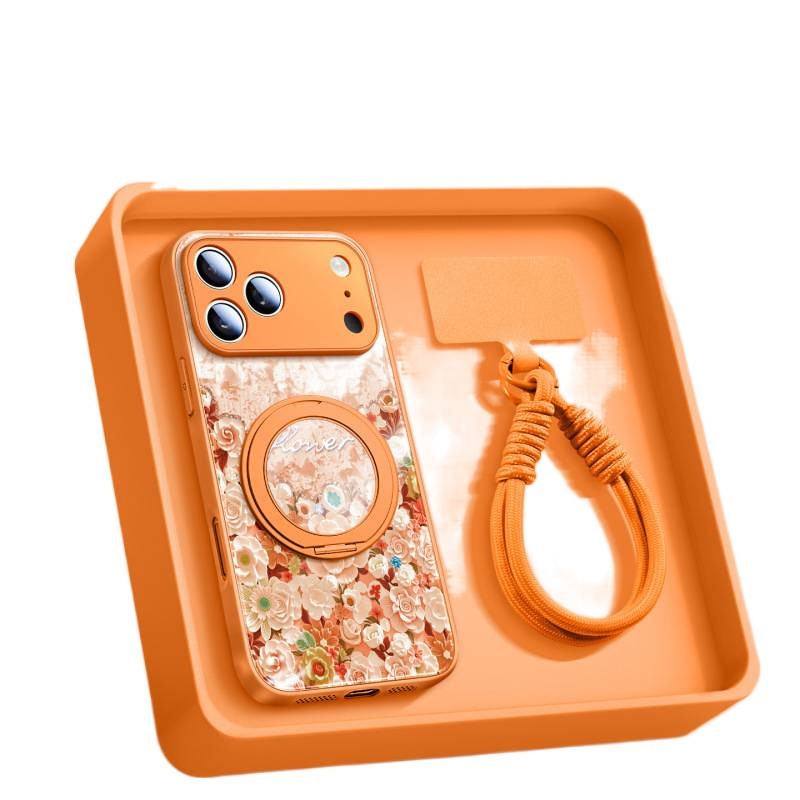 Husa pentru telefon, TPU, pentru iPhone 17 Pro Max, model floral cu pictura in ulei, design magnetic, functie de suport, rezistenta la cadere si uzura, portocaliu