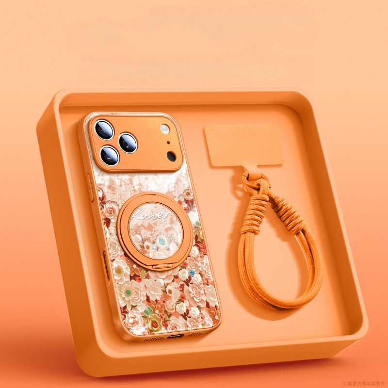Husa pentru telefon, TPU, pentru iPhone 17 Pro Max, model floral cu pictura in ulei, design magnetic, functie de suport, rezistenta la cadere si uzura, portocaliu
