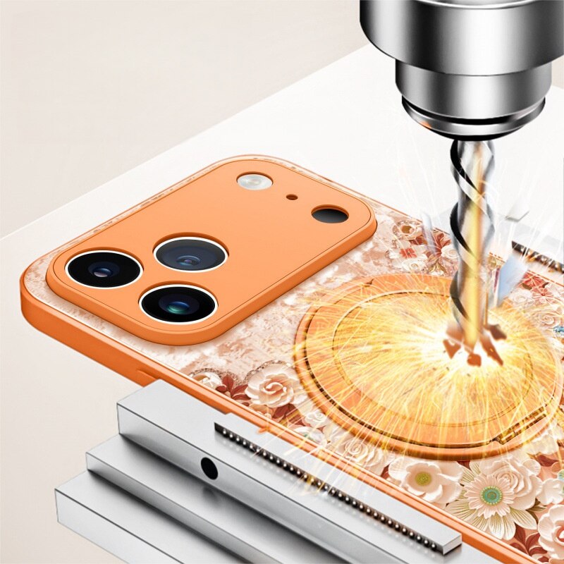 Husa pentru telefon, TPU, pentru iPhone 17 Pro Max, model floral cu pictura in ulei, design magnetic, functie de suport, rezistenta la cadere si uzura, portocaliu