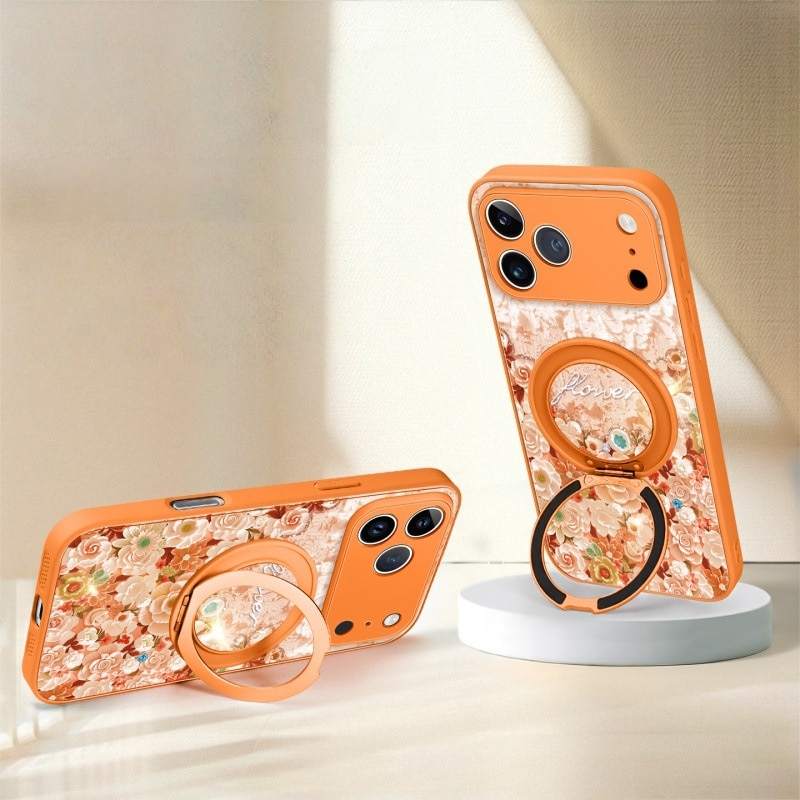 Husa pentru telefon, TPU, pentru iPhone 17 Pro Max, model floral cu pictura in ulei, design magnetic, functie de suport, rezistenta la cadere si uzura, portocaliu