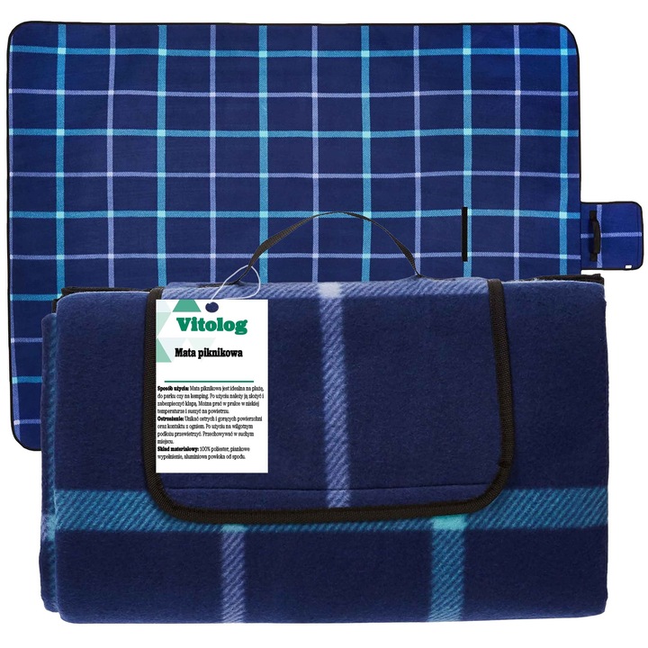 Patura picnic/plaja Vitolog, 200x150cm, impermeabila, pliabila, model cu carouri albastre