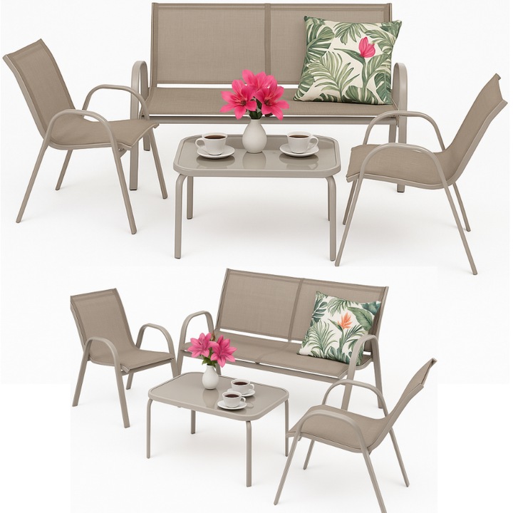 Градински комплект мебели JUMI, 2 стола, двуместен диван, маса, бежов, устойчив на атмосферни влияния