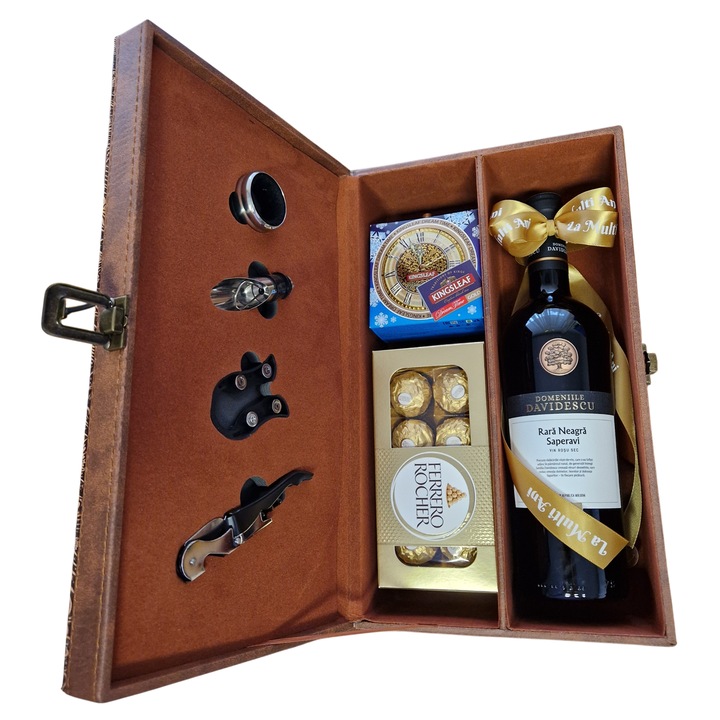 Set cadou pentru bărbați, vin roșu Rara Neagră & Saperavi, cutie de vin Deluxe cu accesorii, praline de ciocolată, ceai Kingsleaf Dream Time