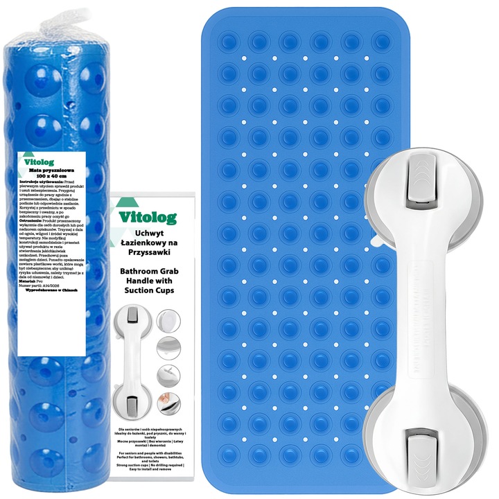 Covor antiderapant baie Vitolog, PVC 100x40cm, suport ABS 29cm, albastru