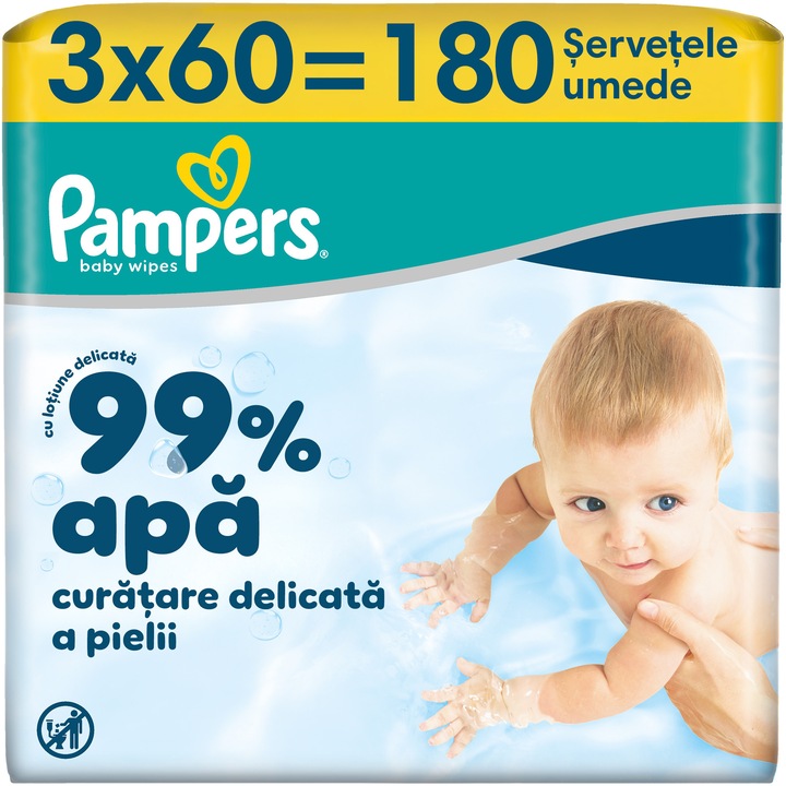 Servetele umede Pampers 99% Water cu lotiune usoara, 3 pachete x 60 servetele, 180 buc