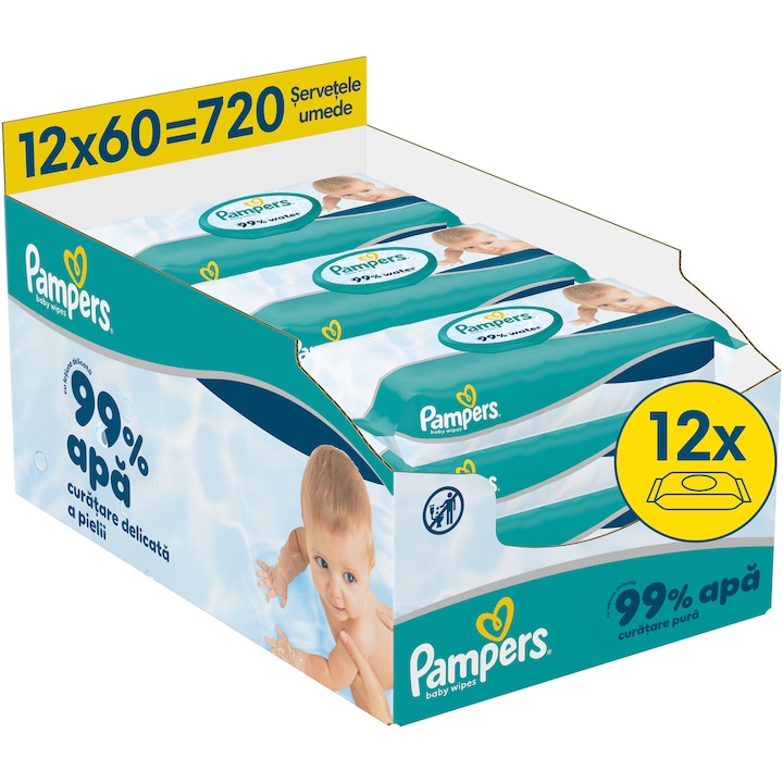 Servetele umede Pampers 99% Water cu lotiune usoara, 12 pachete x 60 servetele, 720 buc