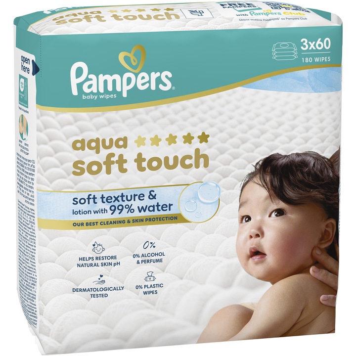 Мокри кърпички Pampers Aqua Soft Touch с мека текстура, лек лосион и 99% вода, 3 опаковки x 60, 180 броя