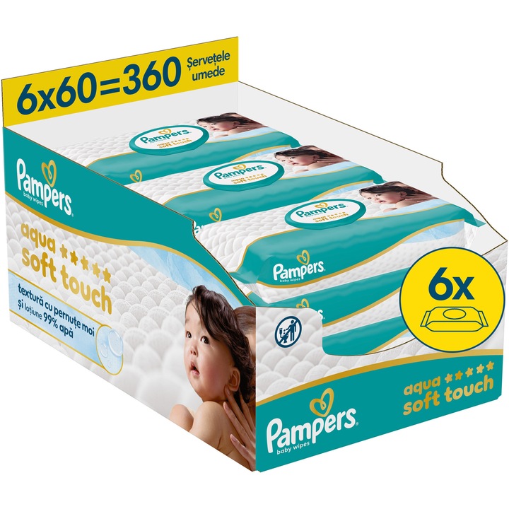 Мокри кърпички Pampers Aqua Soft Touch с мека текстура, лек лосион и 99% вода, 6 опаковки x 60, 360 броя