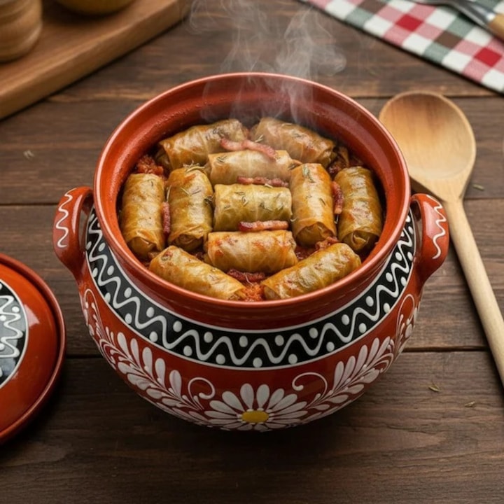 Oala de Lut 3L Traditionala, Maro, cu Capac, Pictata Manual, pentru Gatit la Cuptor