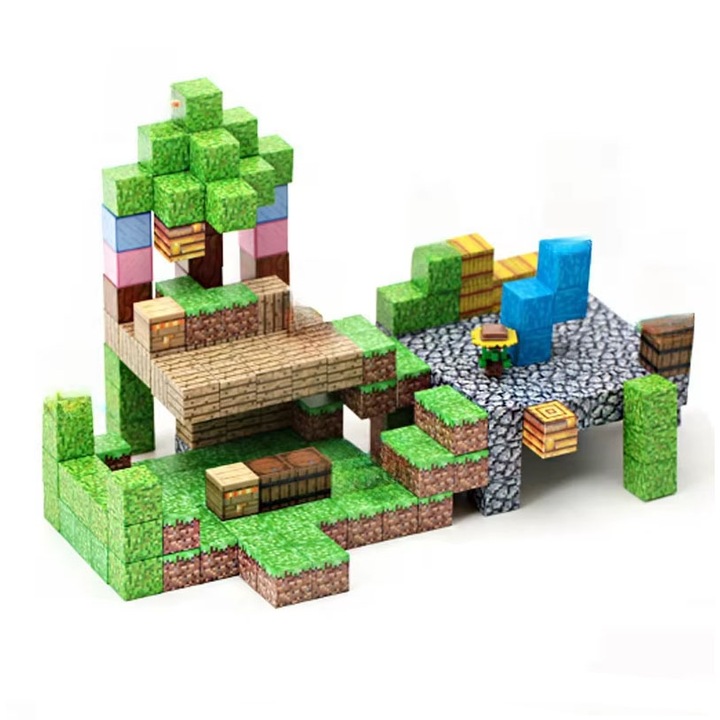 Set cuburi magnetice tip Minecraft – Module World, 140 piese cu accesorii