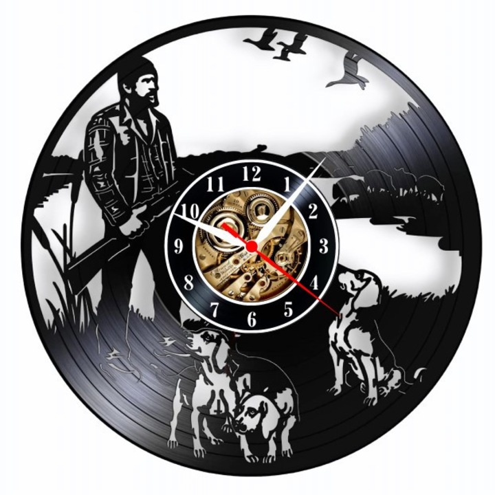 Dekoratív falióra "A vadász szelleme - Vadászat és Természet", bakelit lemezből (Vinyl Record), Sport & Outdoors design, Fekete, 30 cm