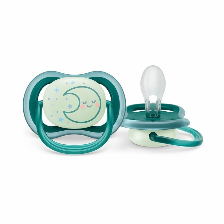 Suzeta bebelus, Philips Avent, Ultra Air, Ortodontica, Silicon moale igienic, Disc de protectie moale si flexibil, Fara BPA, 6- 18 luni+, Fosforescenta, 1 buc, Deco Verde Inchis