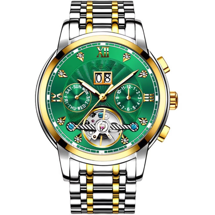 Ceas Mecanic Automatic BladePRO® pentru Barbati, Luxury, Cristal Safir, Bratara Metalica Bicolora, Data & Zi, 3 ATM, Cadran Auriu