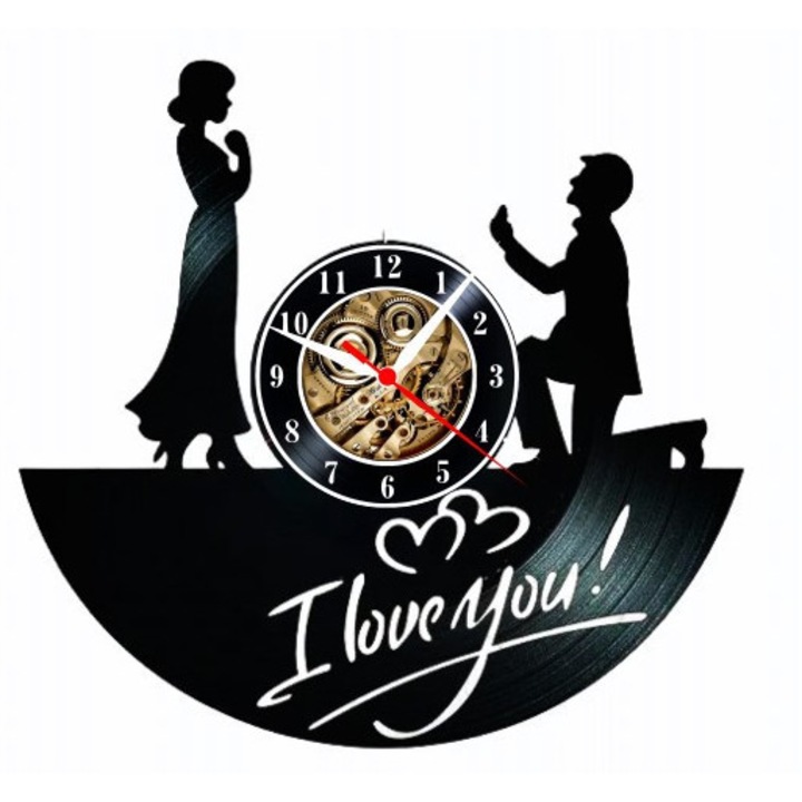Dekoratív falióra "Proposal - I Love You!", bakelit lemezből (Vinyl Record), romantikus és esküvői design
