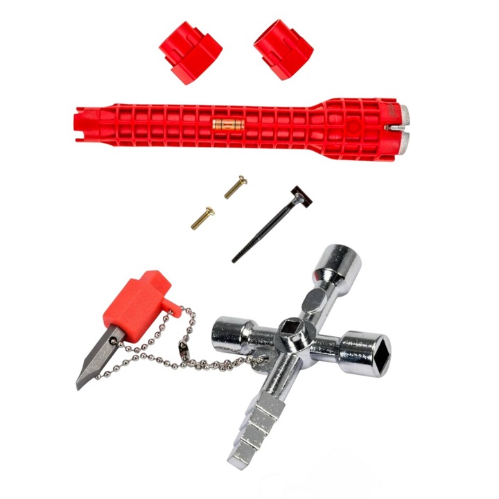 Cheie multifunctionala 8 in 1, pentru instalatii sanitare, 25 cm si Cheie universala pentru contoare utilitati, cu adaptor suspendat pe un lant cu un bit cu 2 fete cu profile Ph2 si un plat de 7 mm