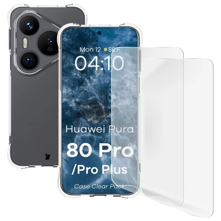 Set Husa + 2 Folie de protectie, Bizon Case Clear Pack pentru Huawei Pura 80 Pro / Pro Plus, Transparent