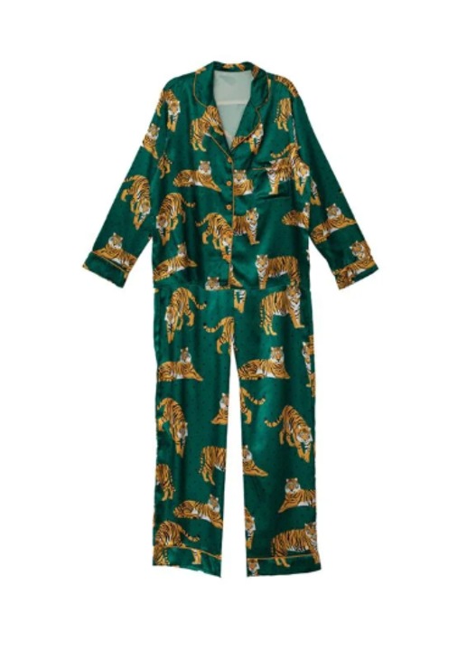 Set Pijama Iarna Femei, Verde Satinat cu Model Tigrat, One Size