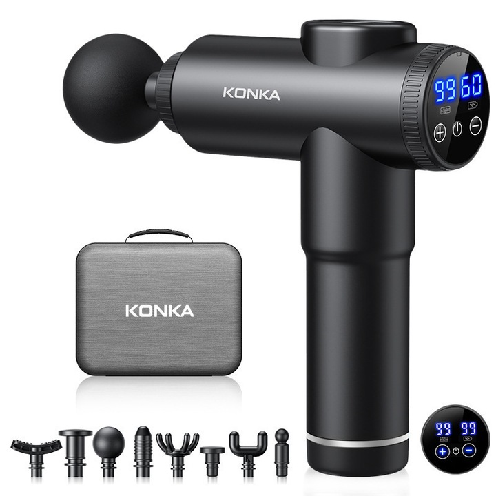 Professzionális masszázspisztoly, fekete, érintőképernyő, 99 intenzitási szint, 8 fej, 6-8 óra üzemidő, 1000-1200mAh akkumulátor, ultra csendes (36-45dB), mini és hordozható