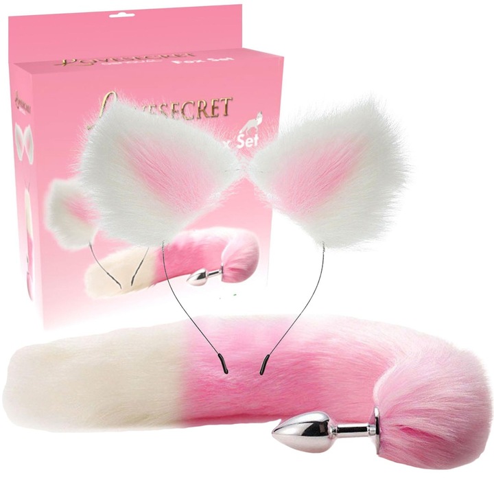 Dop анален комплект Lovesecret Fox 02, розов и бял, опашка на лисица 20 см, маска с уши, метал/изкуствена кожа