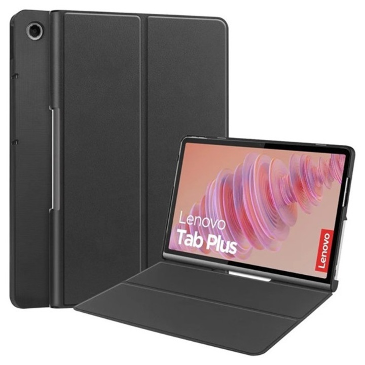 Gigapack tabletvédő álló, bőr hatású, flip, oldalra nyíló, fekete, kompatibilis: Lenovo Tab Plus, TB351FU