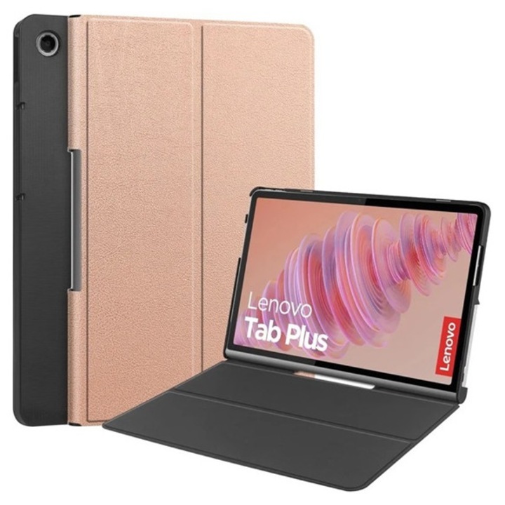 Gigapack tabletvédő álló, bőr hatású, flip, oldalra nyíló, rozéarany, kompatibilis: Lenovo Tab Plus, TB351FU