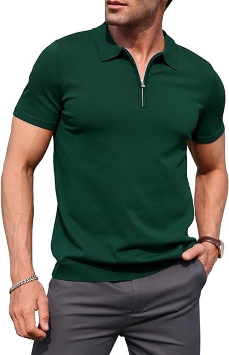 Tricou polo de vara pentru barbati, cu fermoar, Verde