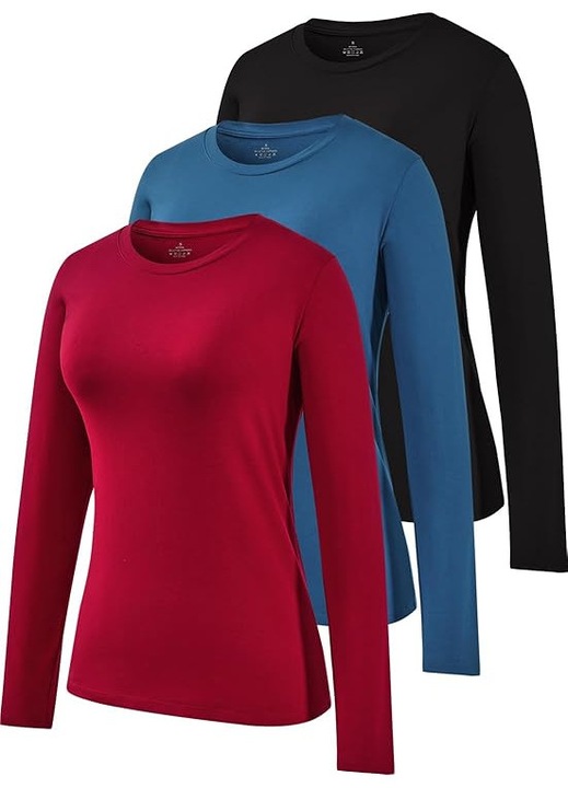 Bluze sport, cu maneca lunga, pe corp, negru/albastru/rosu, M, set 3 buc