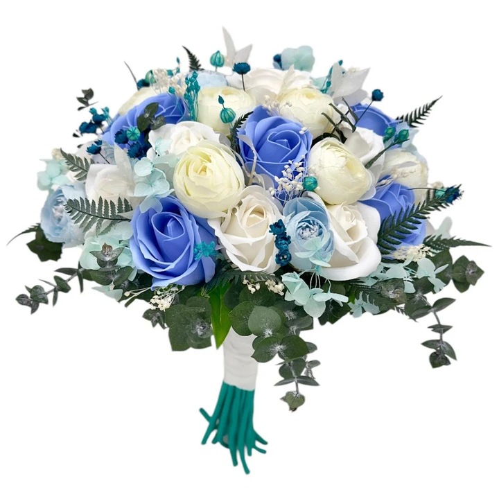 Buchet mare cu 37 flori din foita de sapun si bujori din matase, alb albastru, cadou nunta evenimente, rezistent peste 10 ani