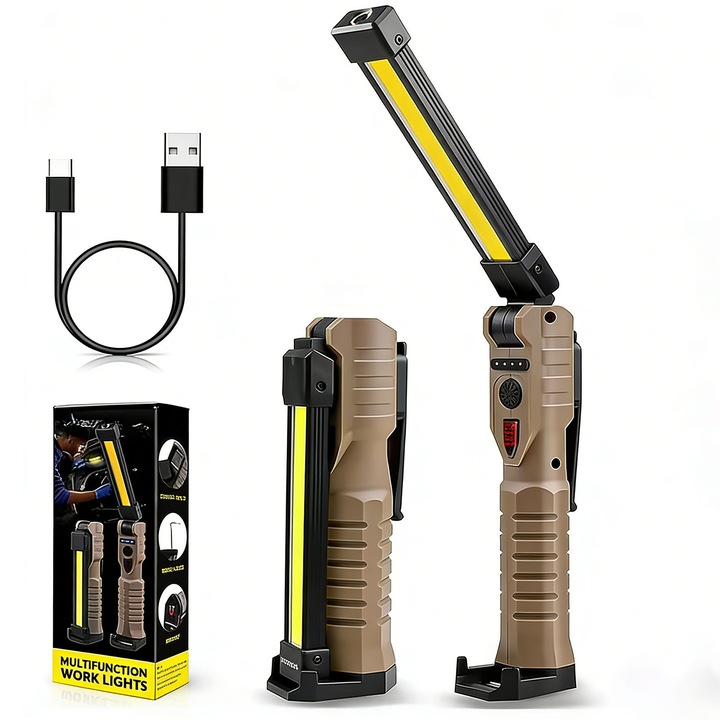 Mágneses újratölthető LED munkalámpa, ZGGZERG, kampóval, 180°-ban forgatható, USB-C töltés, összecsukható, állítható fényerő, alkalmas kempingezéshez és vészhelyzetekhez. Khaki szín
