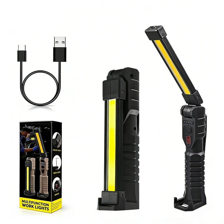 LED-es újratölthető mágneses munkalámpa, ZGGZERG, kampóval, 180°-ban forgatható, USB-C töltés, összecsukható, állítható fényerő, kempingezéshez és vészhelyzetekhez alkalmas. fekete