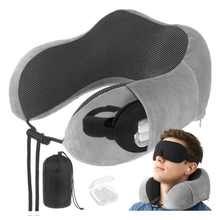 Perna de calatorie pentru gat, 3D, cu spuma memory, set 4 in 1