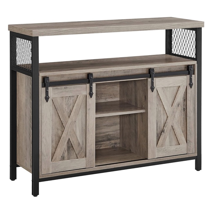 Comoda pentru Living, Bucatarie, 100 x 33 x 80 cm, 2 Usi Glisante, Rafturi Reglabile, Stil Rustic, Anti-Tip Kit, Gri