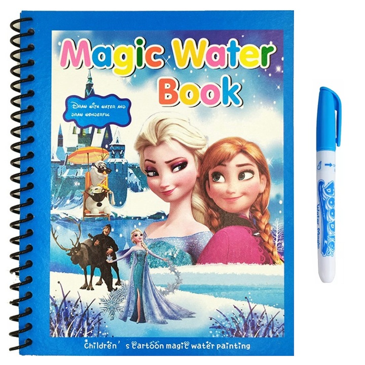 Carte de colorat cu apa Magic Book, Reutilizabila, plina de culori vibrante, Printesa Elsa - 8 pagini, pentru fete si baieti de la 3 ani, Pitikot @SmartwizRo