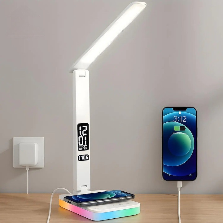 Lampa de Birou cu LED Integrat, Incarcare USB, cu Incarcare Rapida Telefon, 3 Moduri Lumina Camera Rece/Cald, Comanda prin Buton, Veioza Pliabila cu Brat Reglabil, Compacta si Portabila, pentru Birou, Dormitor, Hol, Living, 36.5 cm, Alb