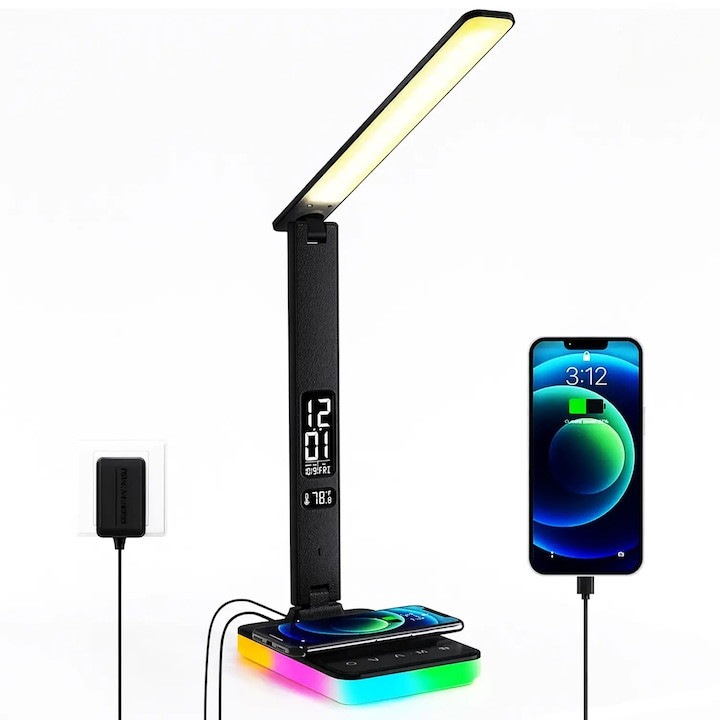 Lampa de Birou cu LED Integrat, Incarcare USB, cu Incarcare Rapida Telefon, 3 Moduri Lumina Camera Rece/Cald, Comanda prin Buton, Veioza Pliabila cu Brat Reglabil, Compacta si Portabila, pentru Birou, Dormitor, Hol, Living, 36.5 cm, Negru