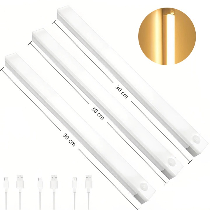 Set de 3 lumini cu senzor de miscare LED, baterie de 400 mAh, Type-c, montare magnetica, potrivit pentru bucatarii, holuri, dressinguri si garaje. Lumina alba calda, dimensiuni 30 x 2 x 2 cm, alb