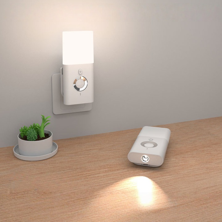 Lampa cu senzor de miscare LED cu priza, moduri de iluminare ambientala multicolora, senzor inteligent de miscare/lumina, incarcare durabila, iluminare integrata cu lanterna, lumina alba rece, alba