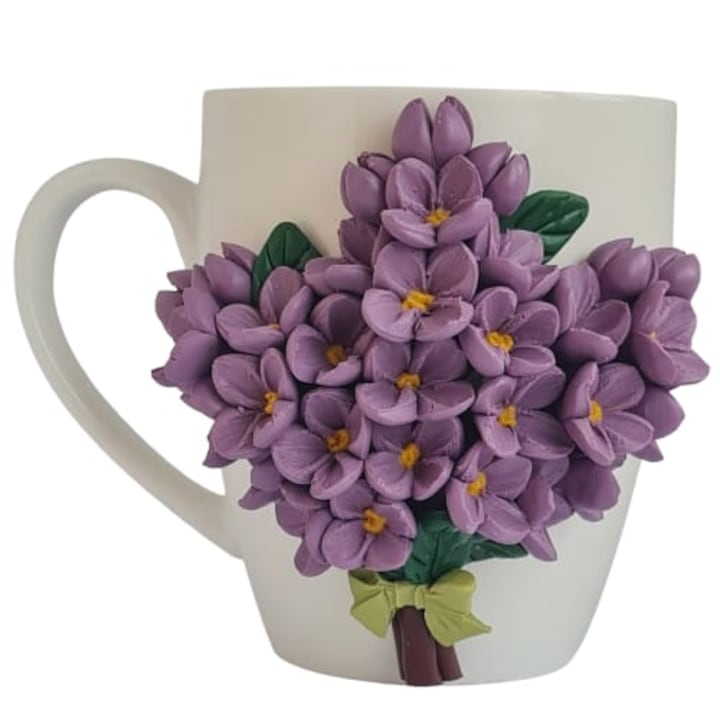 Cana personalizata handmade flori de liliac mov 300 ml