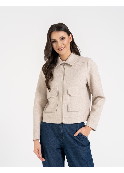 Geaca dama Moraj, bomber eleganta cu guler si buzunare, bej