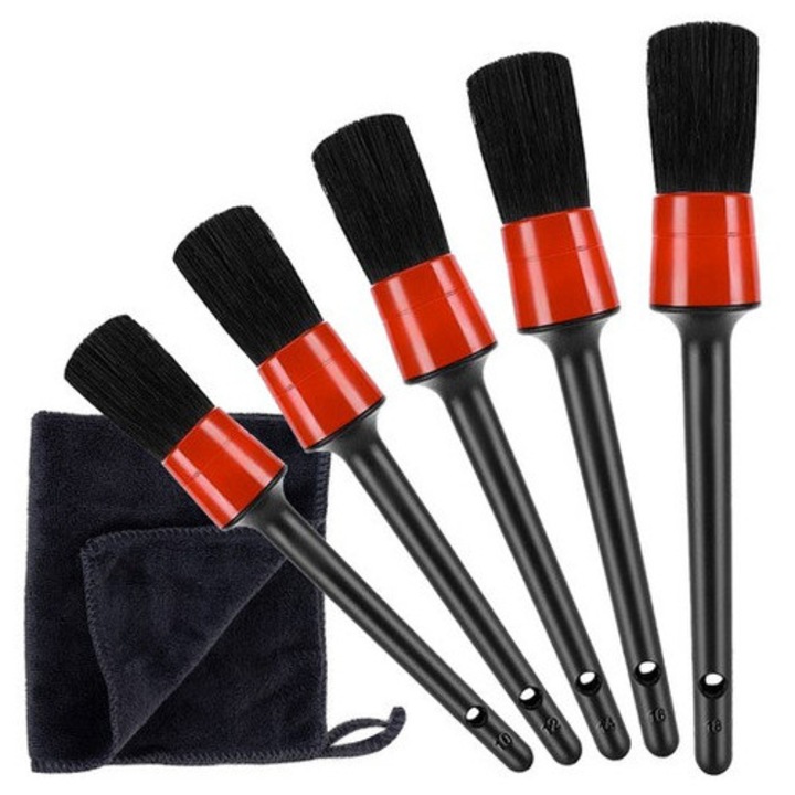 Set perii detailing interior auto XTROBB, 5 dimensiuni profesionale + laveta microfibra