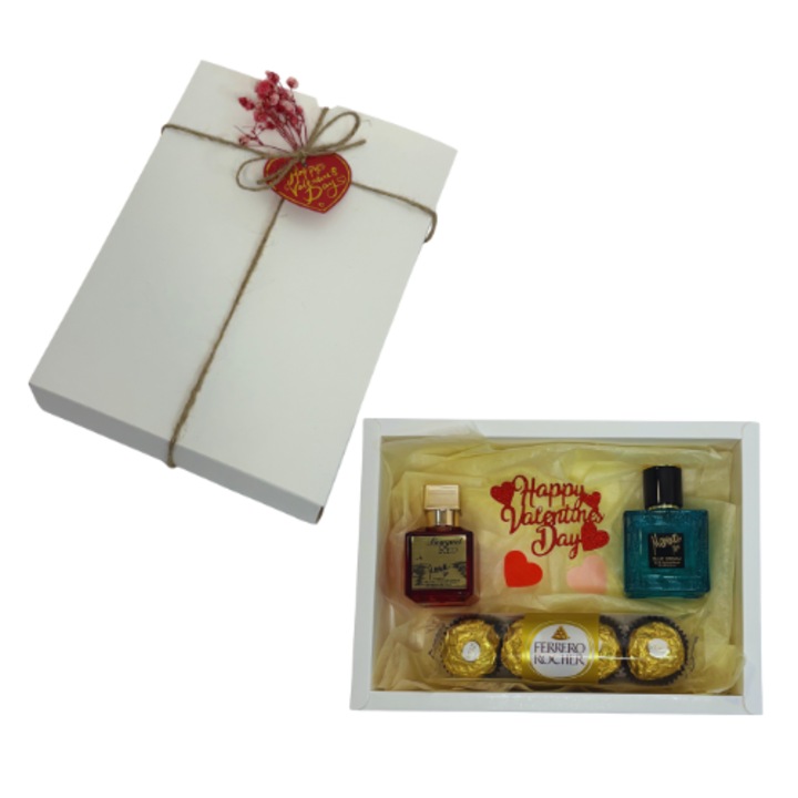 Set cadou romantic, parfum Bouquet Red Memwa Mini 25 ml, parfum Blue Dream Memwa Mini 25 ml, praline Ferrero Rocher 50 g, cutie premium