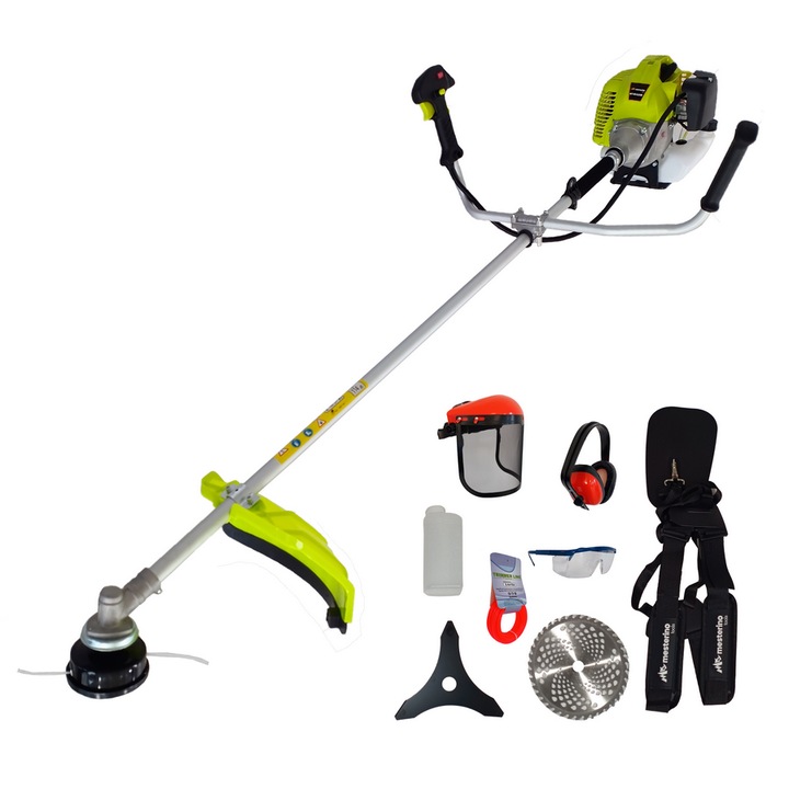 Motocoasa de umar pe benzina MESTERINO TOOLS NT-BC520B, motor in 2 timpi, 52cc, 2.3 CP, turatie maxima 10000 RPM, 10 accesorii