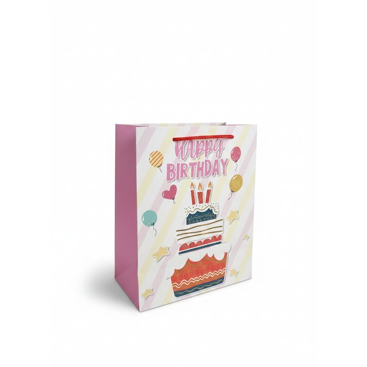 Punga cadou Premium, Marime S, model Happy Birthday cu Tort si Baloane, carton rigid, 23x18x10 cm, ELDEPO