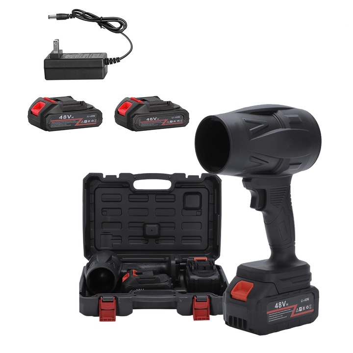 Suflanta aer portabila turbo fara fir, 48V, 6000mAh, 23000RPM, indepartare zapada, praf, frunze, uscare masini, constructie rezistenta, ergonomica, valiza transport, negru