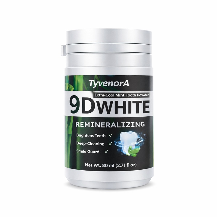 Pudra pentru albirea dintilor TYVENORA, carbune de bambus, menta, 80 ml, curatare profunda