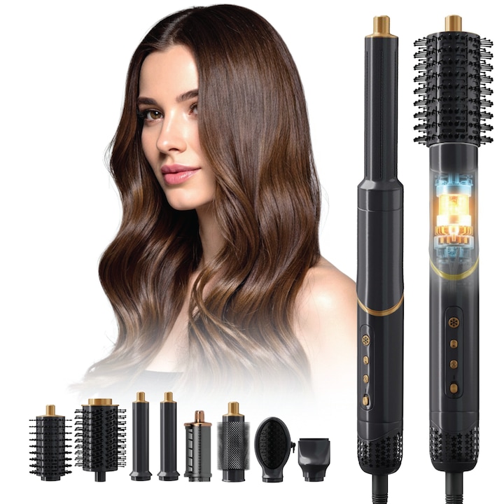 Маша Uniorange, Мултифункционален уред за къдрене и оформяне на коса 8 в 1, Сешоар с горещ въздух за стайлинг, Сменяеми четки и приставки, Къдрене и изправяне, Отрицателни йони, Термична защита, 4 степени на температура, 1400W, Сив