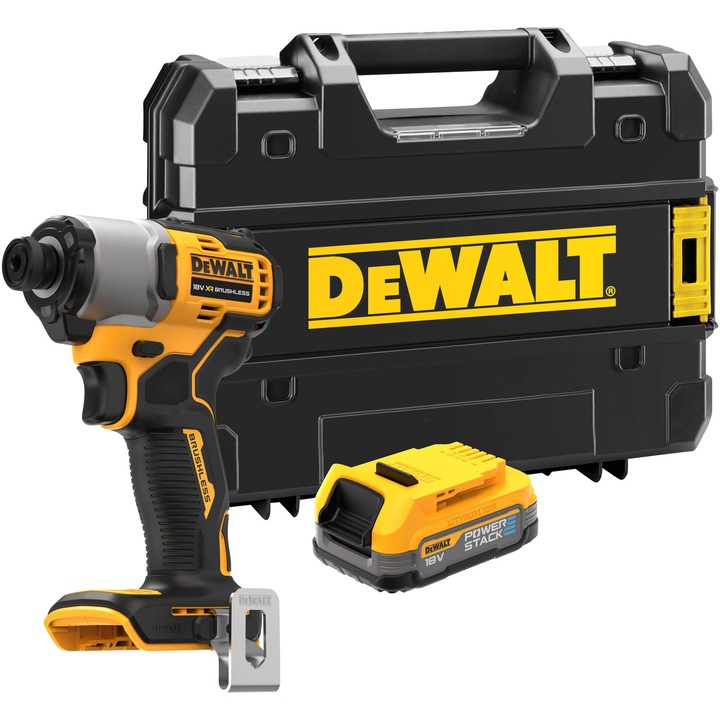 Masina compacta de insurubat cu impact pe acumulator DeWALT DCF840E1T, 18V XR, motor fara perii, hex 1/4 inch, cuplu maxim 192 Nm, 1x acumulator Li-Ion 1.7 Ah POWERSTACK, iluminare LED, clema, adaptor magnetic, cutie transport, incarcator rapid