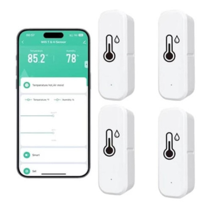 Set de 4 senzori inteligenti de temperatura si umiditate, Wi-Fi, alb, compact